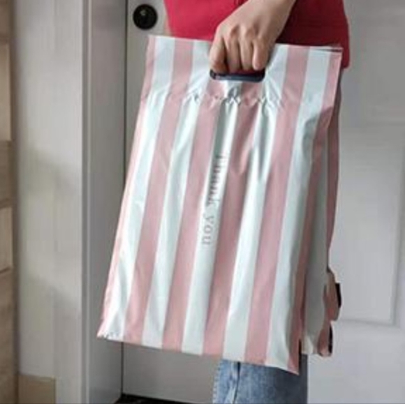 12 Pink and White Stripes Designer Poly Mailer Bags with Handle - Picture 5 of 10